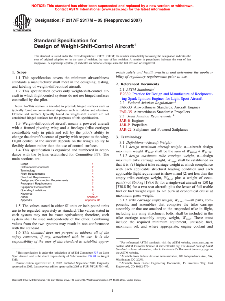 ASTM F2317/F2317M-05(2007) - Standard Specification for Design of Weight-Shift-Control Aircraft