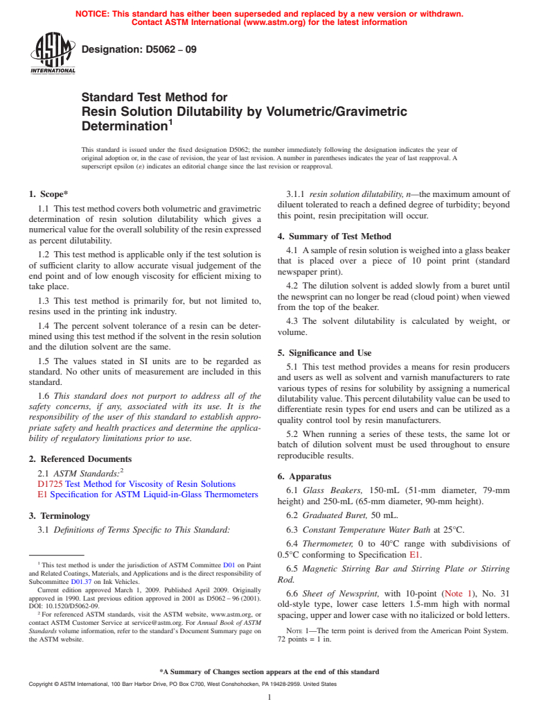 ASTM D5062-09 - Standard Test Method for Resin Solution Dilutability by Volumetric/Gravimetric Determination