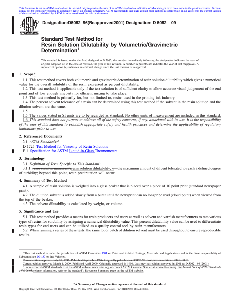 REDLINE ASTM D5062-09 - Standard Test Method for Resin Solution Dilutability by Volumetric/Gravimetric Determination