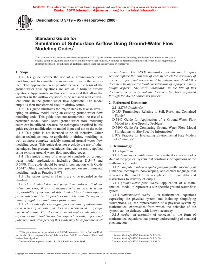 ASTM D5719-95(2000) - Standard Guide for Simulation of Subsurface Airflow Using Ground-Water Flow Modeling Codes