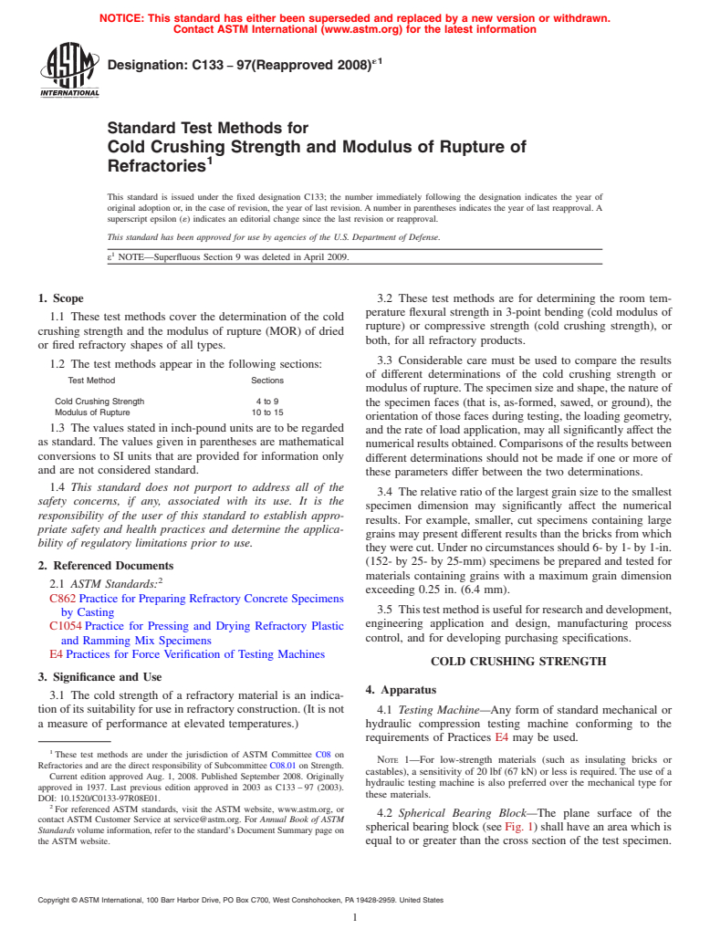 ASTM C133-97(2008)e1 - Standard Test Methods for Cold Crushing Strength and Modulus of Rupture of Refractories