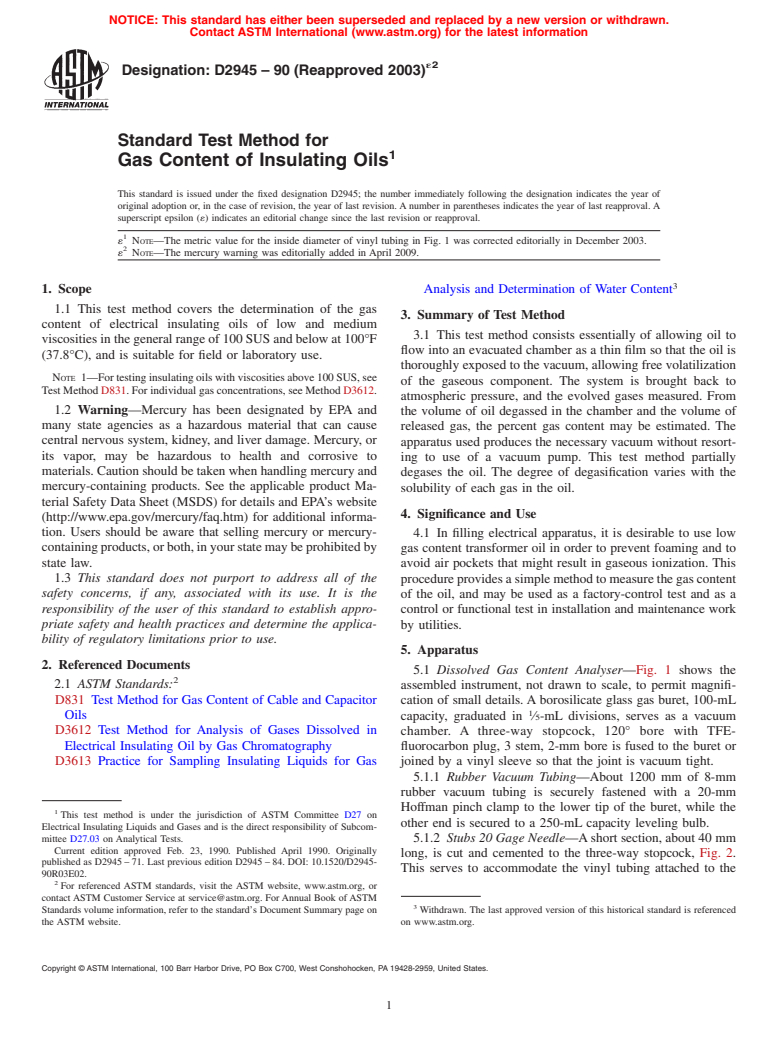 ASTM D2945-90(2003)e2 - Standard Test Method for Gas Content of Insulating Oils (Withdrawn 2012)