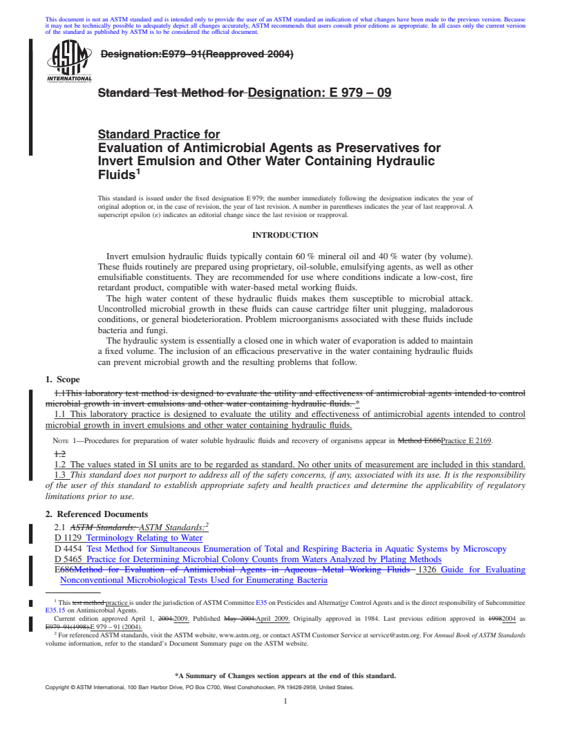 REDLINE ASTM E979-09 - Standard Test Method for Evaluation of Antimicrobial Agents as Preservatives for Invert Emulsion and Other Water Containing Hydraulic Fluids