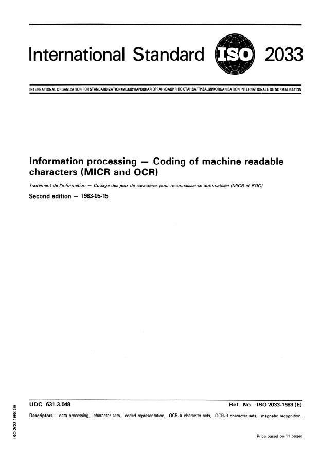 ISO 2033:1983 - Information processing -- Coding of machine readable characters (MICR and OCR)