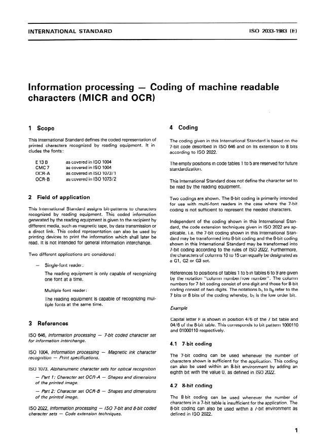 ISO 2033:1983 - Information processing -- Coding of machine readable characters (MICR and OCR)