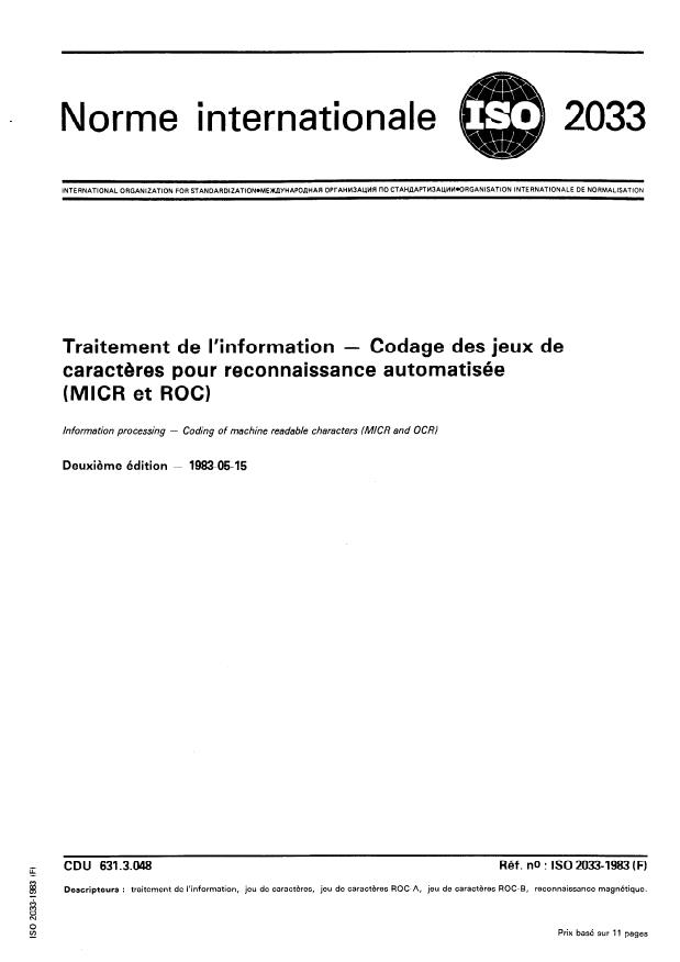 ISO 2033:1983 - Traitement de l'information -- Codage des jeux de caracteres pour reconnaissance automatisée (MICR et ROC)