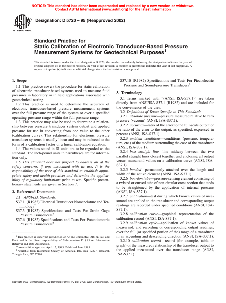 ASTM D5720-95(2002) - Standard Practice for Static Calibration of Electronic Transducer-Based Pressure Measurement Systems for Geotechnical Purposes