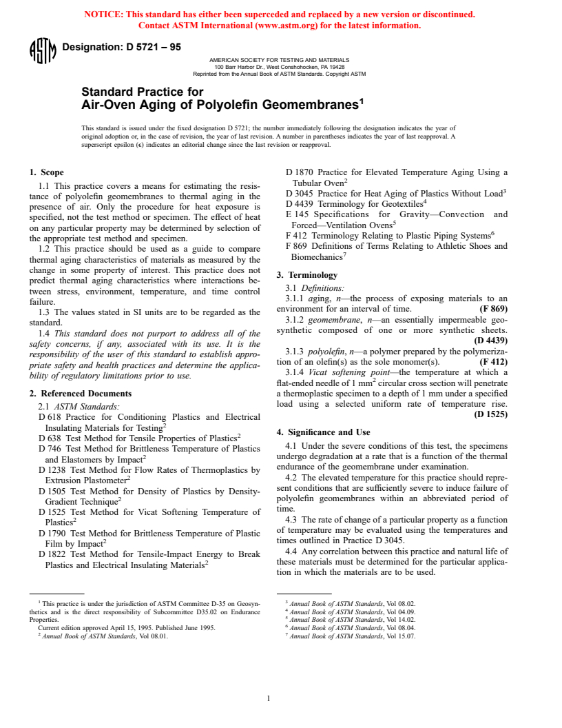 ASTM D5721-95 - Standard Practice for Air-Oven Aging of Polyolefin Geomembranes