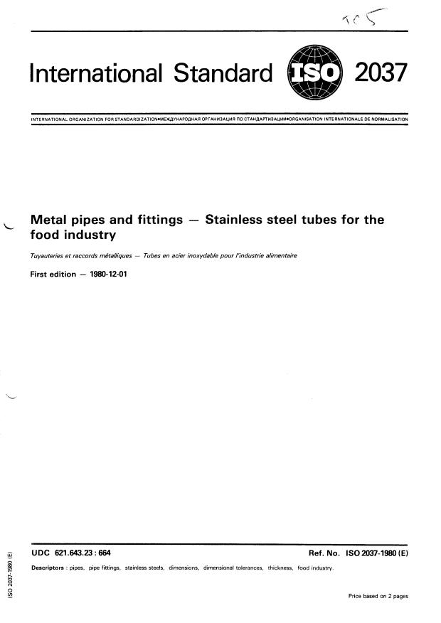 ISO 2037:1980 - Metal pipes and fittings -- Stainless steel tubes for the food industry