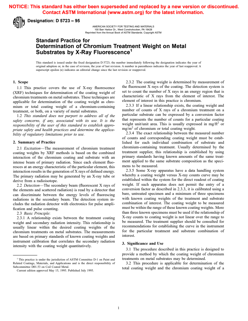 ASTM D5723-95 - Standard Practice for Determination of Chromium Treatment Weight on Metal Substrates by X-Ray Fluorescence