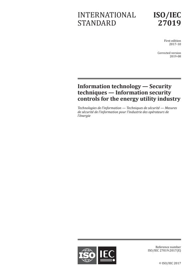 ISO/IEC 27019:2017 - Information technology -- Security techniques -- Information security controls for the energy utility industry