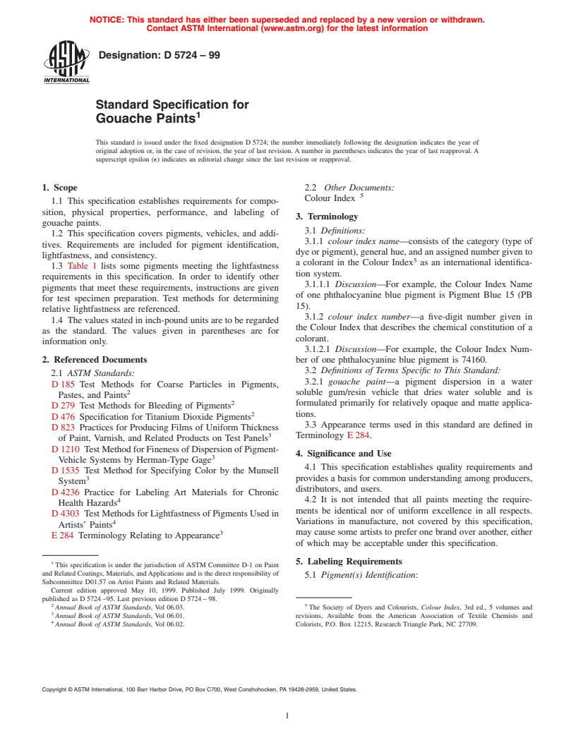 ASTM D5724-99 - Standard Specification for Gouache Paints