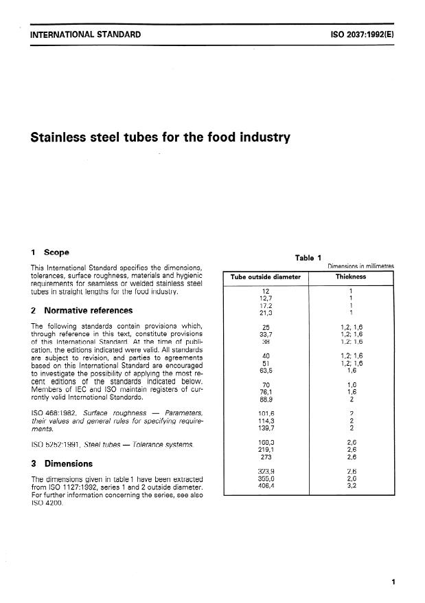 ISO 2037:1992 - Stainless steel tubes for the food industry