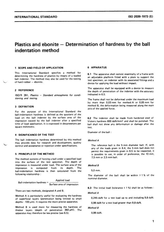 ISO 2039:1973 - Plastics and ebonite -- Determination of hardness by the ball indentation method