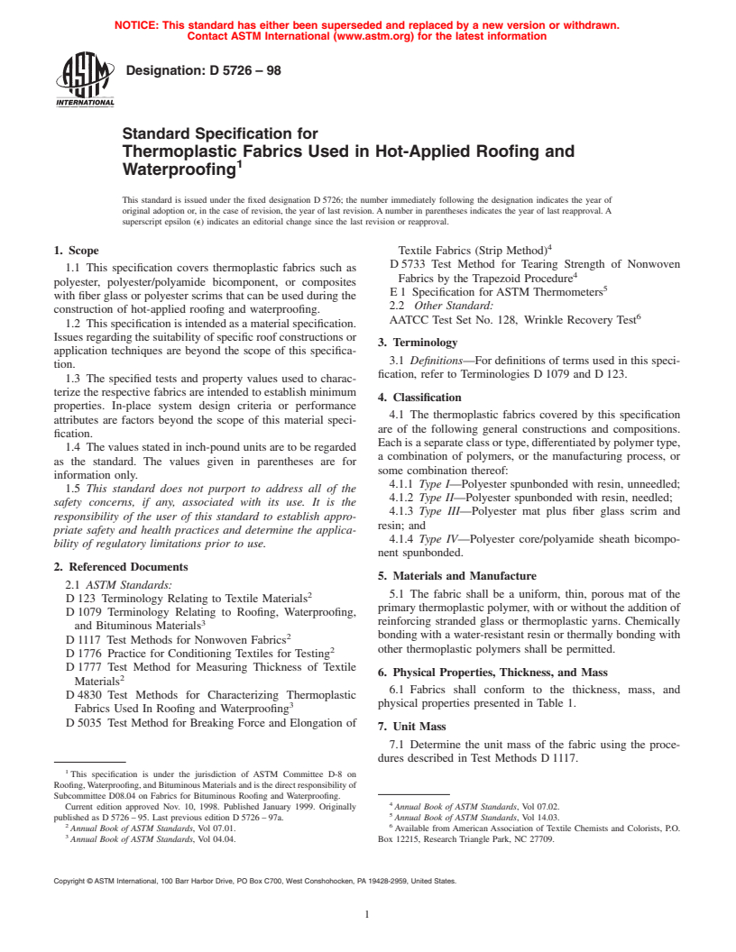 ASTM D5726-98 - Standard Specification for Thermoplastic Fabrics Used in Hot-Applied Roofing and Waterproofing