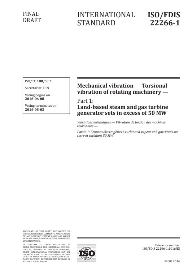 ISO/FDIS 22266-1 - Mechanical vibration -- Torsional vibration of rotating machinery