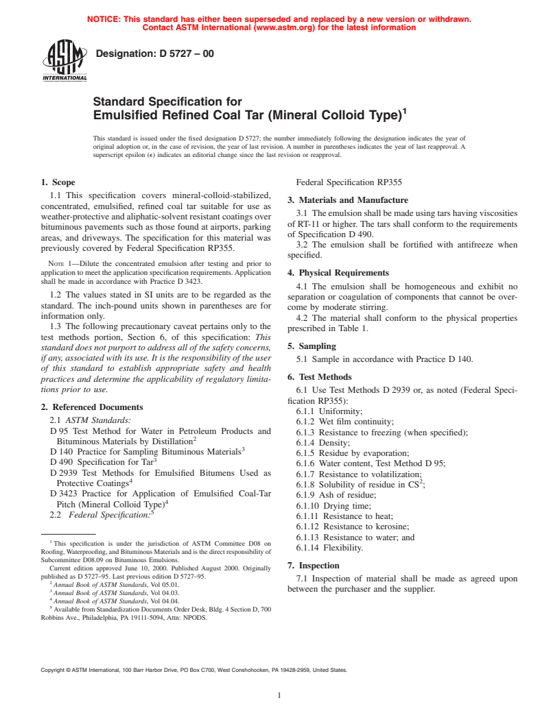 ASTM D5727-00 - Standard Specification for Emulsified Refined Coal Tar (Mineral Colloid Type)