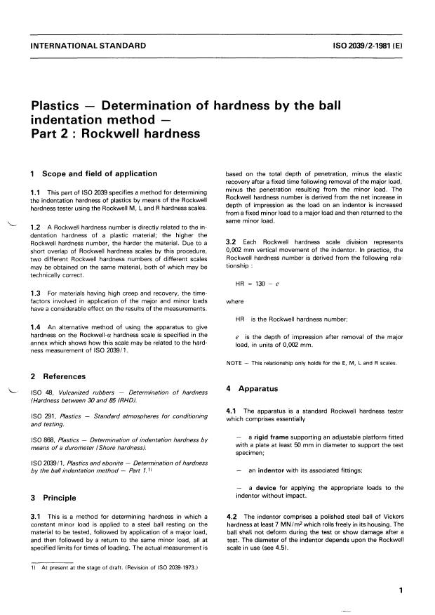 ISO 2039-2:1981 - Plastics -- Determination of hardness  by the ball indentation method