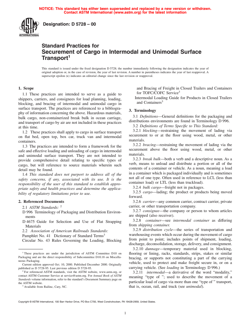 ASTM D5728-00 - Standard Practices for Securement of Cargo in Intermodal and Unimodal Surface Transport