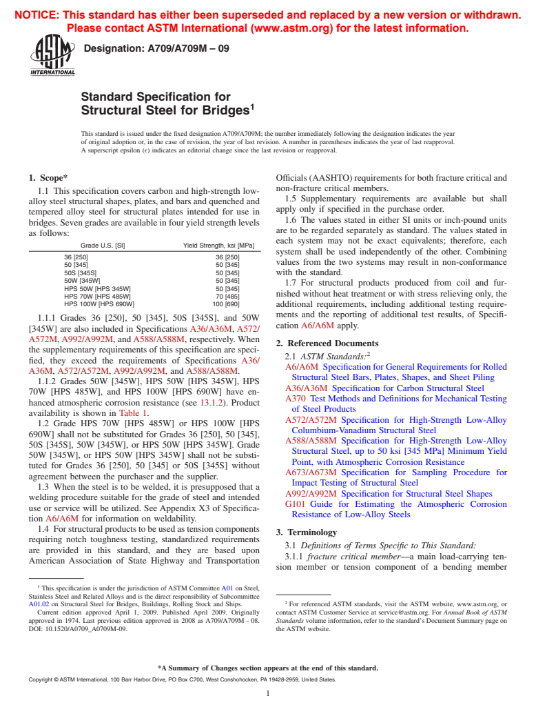 ASTM A709/A709M-09 - Standard Specification for  Structural Steel for Bridges
