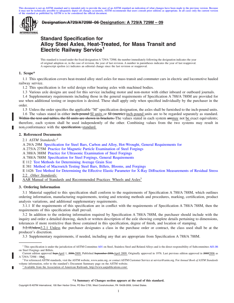 REDLINE ASTM A729/A729M-09 - Standard Specification for Alloy Steel Axles, Heat-Treated, for Mass Transit and Electric Railway Service