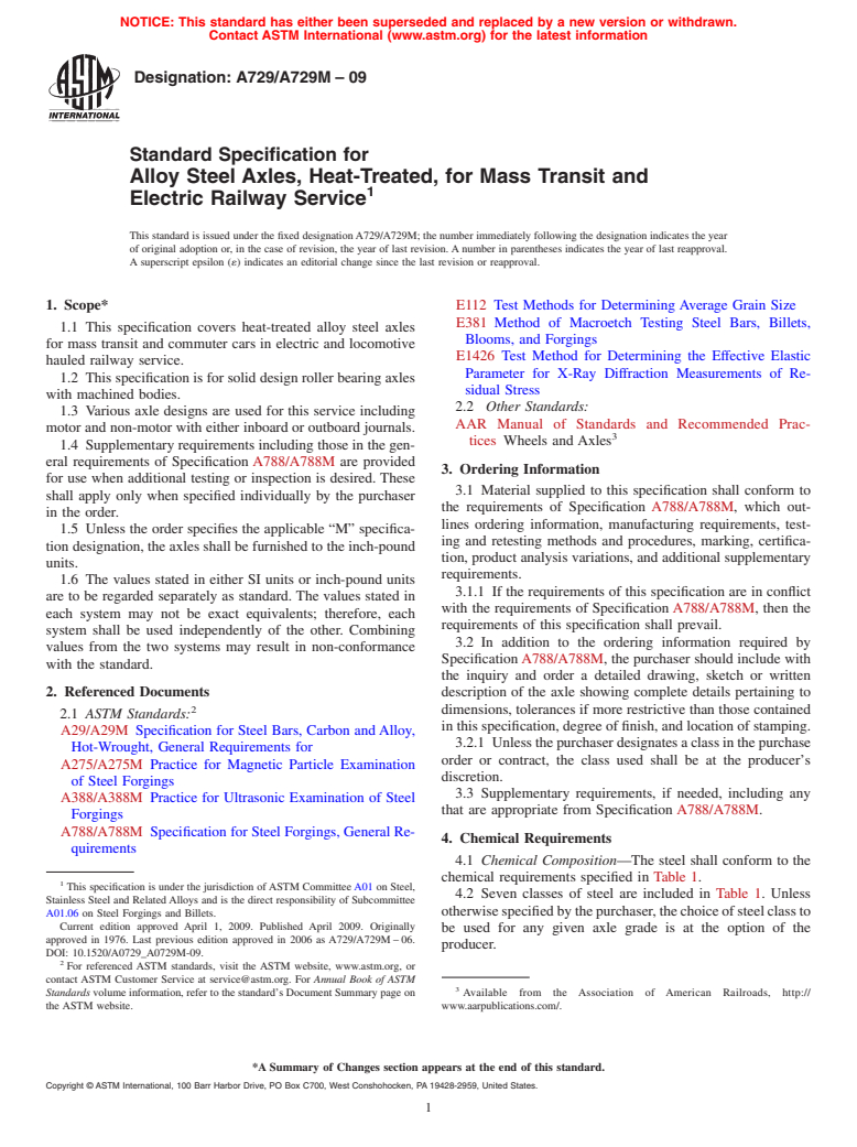 ASTM A729/A729M-09 - Standard Specification for Alloy Steel Axles, Heat-Treated, for Mass Transit and Electric Railway Service