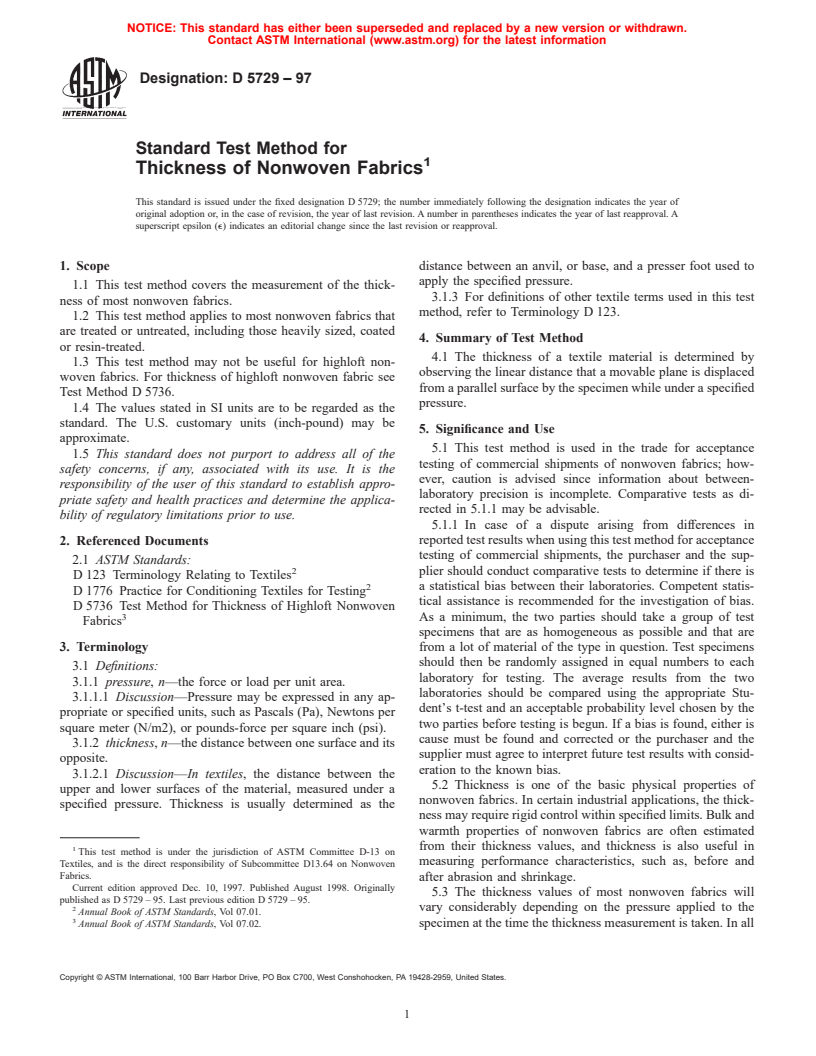 ASTM D5729-97 - Standard Test Method for Thickness of Nonwoven Fabrics