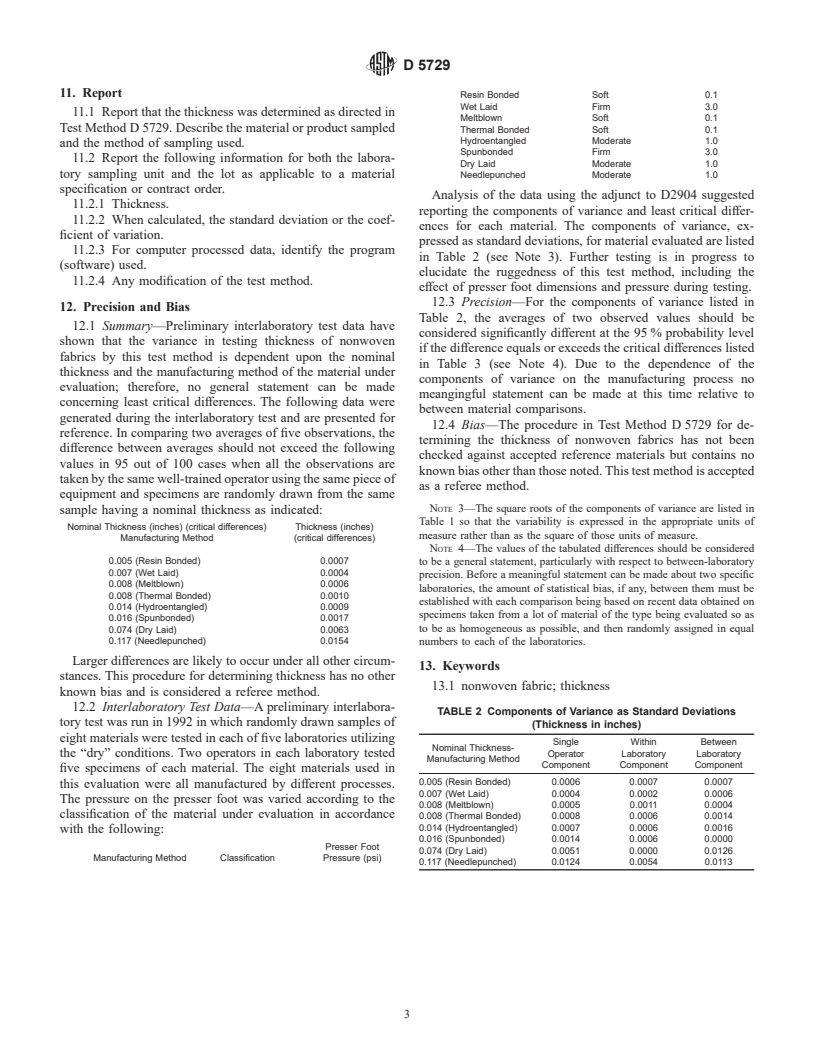 ASTM D5729-97 - Standard Test Method for Thickness of Nonwoven Fabrics