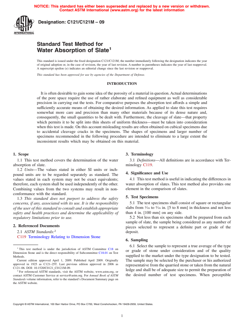 ASTM C121/C121M-09 - Standard Test Method for Water Absorption of Slate