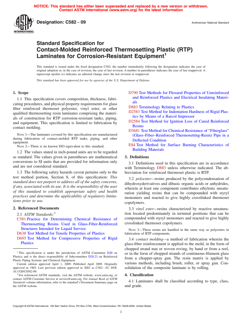 ASTM C582-09 - Standard Specification for Contact-Molded Reinforced Thermosetting Plastic (RTP) Laminates for Corrosion-Resistant Equipment