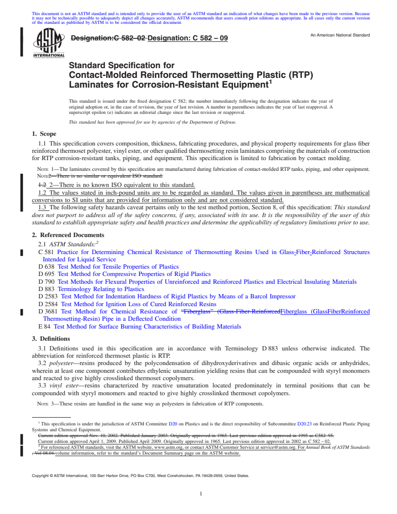 REDLINE ASTM C582-09 - Standard Specification for Contact-Molded Reinforced Thermosetting Plastic (RTP) Laminates for Corrosion-Resistant Equipment