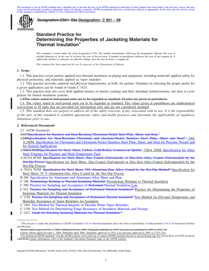 REDLINE ASTM C921-09 - Standard Practice for Determining the Properties of Jacketing Materials for Thermal Insulation