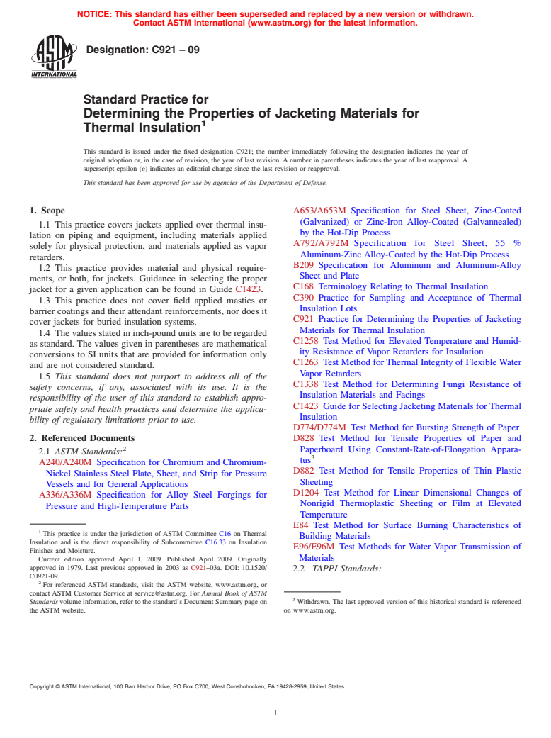 ASTM C921-09 - Standard Practice for Determining the Properties of Jacketing Materials for Thermal Insulation