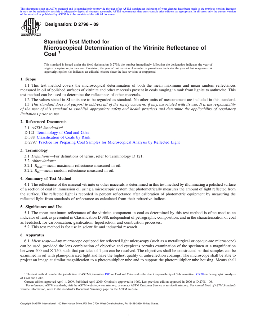 REDLINE ASTM D2798-09 - Standard Test Method for Microscopical Determination of the Vitrinite Reflectance of Coal