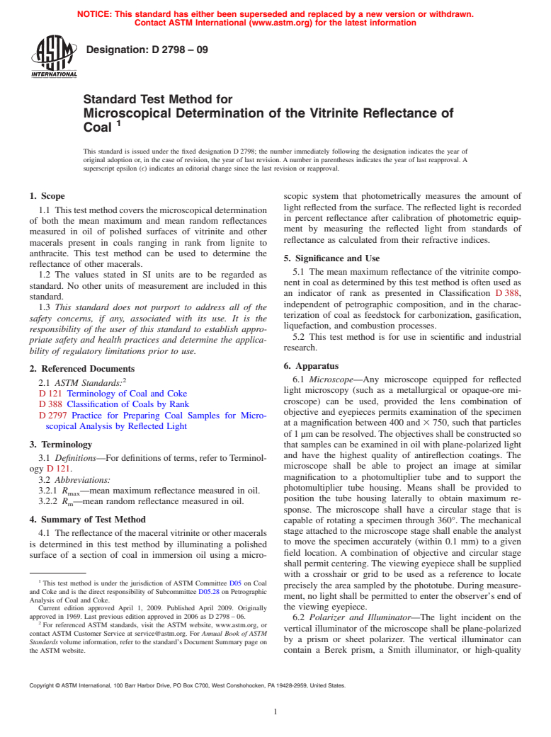 ASTM D2798-09 - Standard Test Method for Microscopical Determination of the Vitrinite Reflectance of Coal