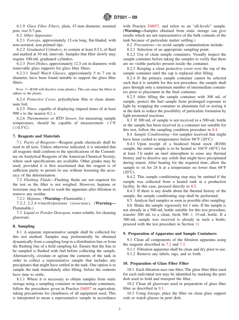 ASTM D7501-09 - Standard Test Method for Determination of Fuel Filter Blocking Potential of Biodiesel (B100)   Blend Stock by Cold Soak Filtration Test (CSFT)