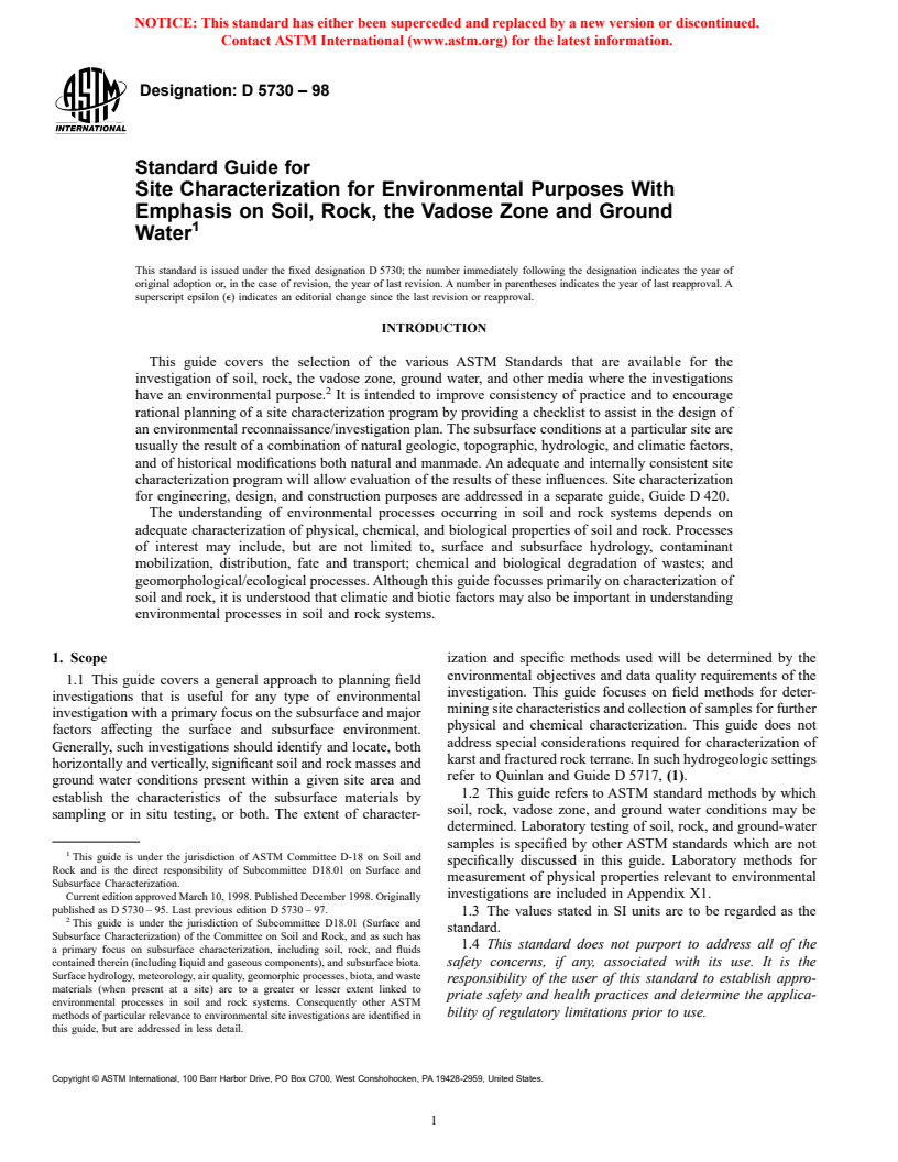 ASTM D5730-98 - Standard Guide for Site Characterization for Environmental Purposes With Emphasis on Soil, Rock, the Vadose Zone and Ground Water