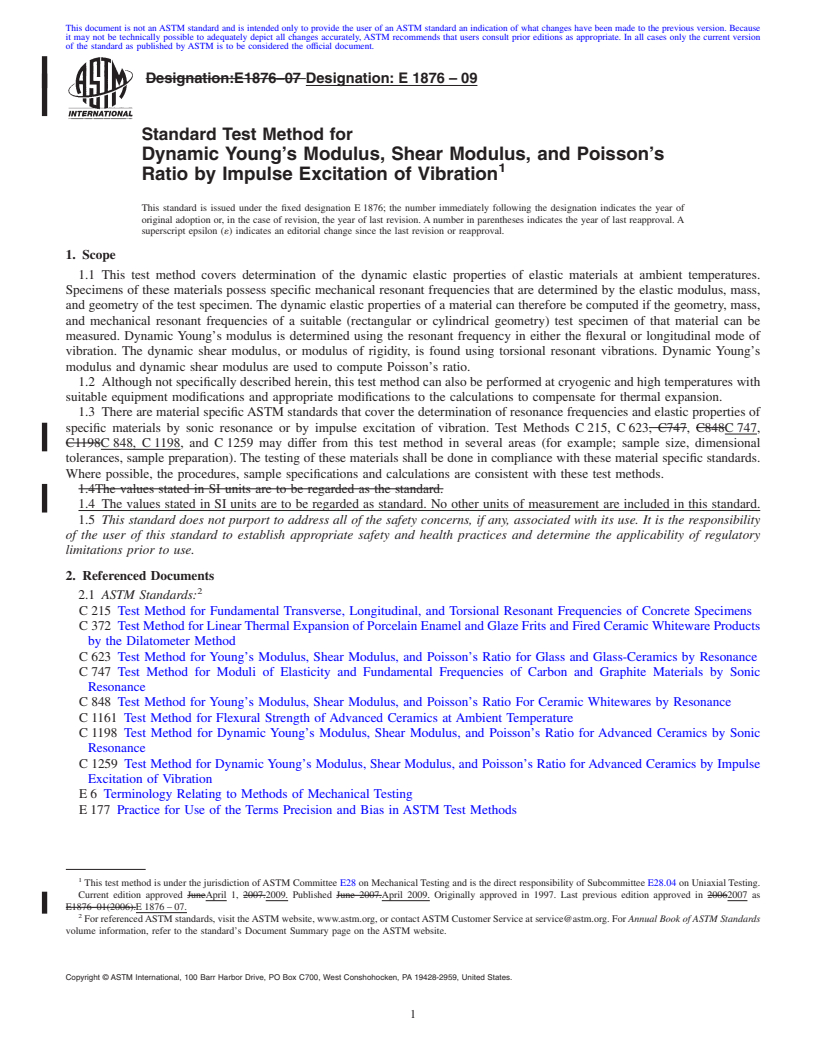 REDLINE ASTM E1876-09 - Standard Test Method for Dynamic Young's Modulus, Shear Modulus, and Poisson's Ratio by Impulse Excitation of Vibration