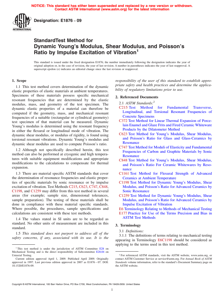 ASTM E1876-09 - Standard Test Method for Dynamic Young's Modulus, Shear Modulus, and Poisson's Ratio by Impulse Excitation of Vibration