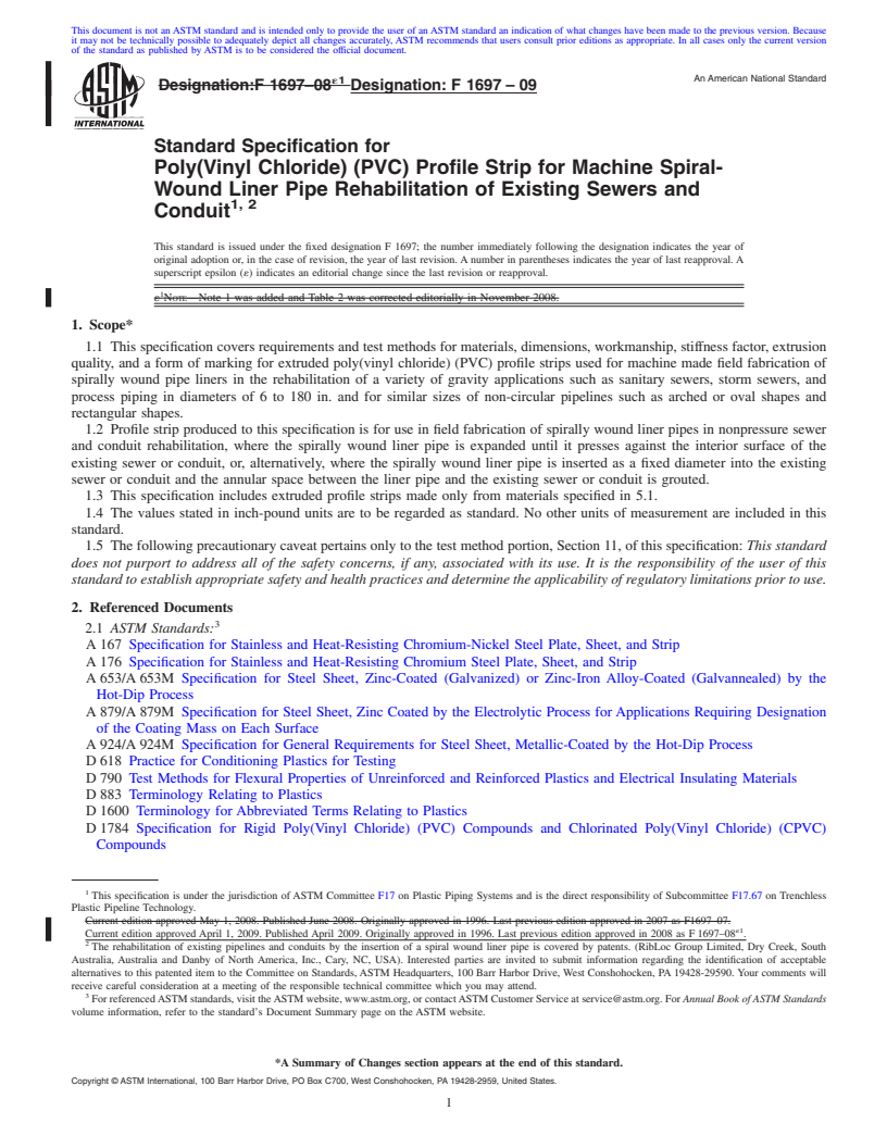 REDLINE ASTM F1697-09 - Standard Specification for  Poly(Vinyl Chloride) (PVC) Profile Strip for Machine Spiral-Wound Liner Pipe Rehabilitation of Existing Sewers and Conduit  <a href="#fn00002"></a>