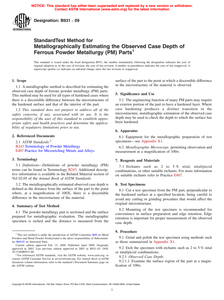 ASTM B931-09 - Standard Test Method for Metallographically Estimating the Observed Case Depth of Ferrous Powder Metallurgy (P/M) Parts