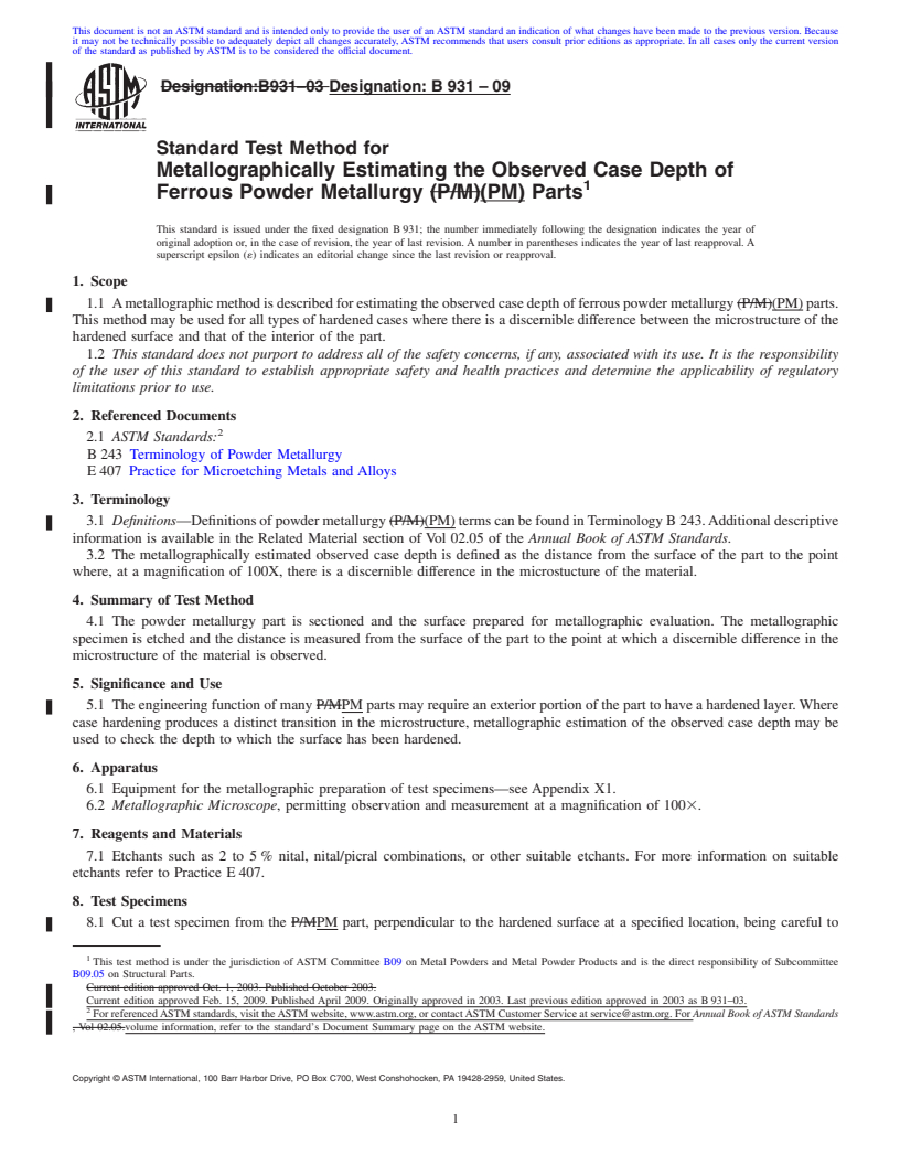 REDLINE ASTM B931-09 - Standard Test Method for Metallographically Estimating the Observed Case Depth of Ferrous Powder Metallurgy (P/M) Parts