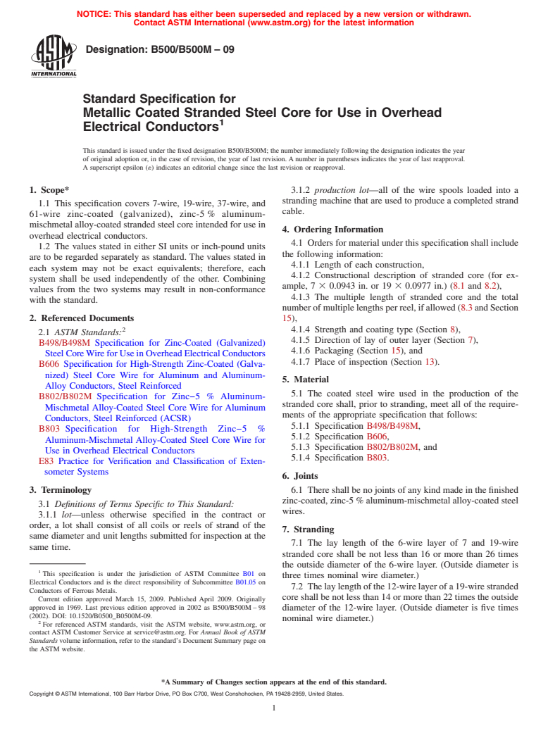 ASTM B500/B500M-09 - Standard Specification for  Metallic Coated Stranded Steel Core for Use in Overhead Electrical Conductors