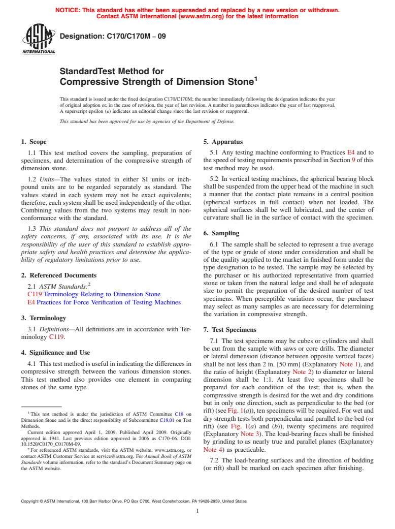 ASTM C170/C170M-09 - Standard Test Method for Compressive Strength of Dimension Stone