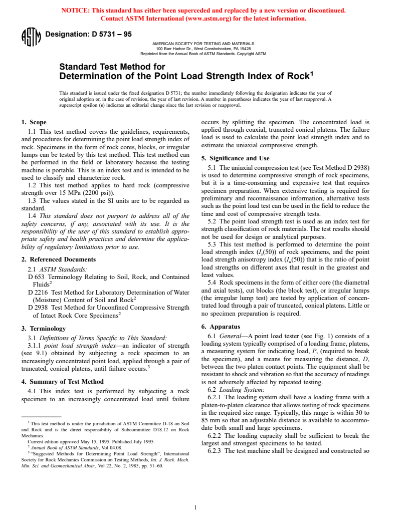 ASTM D5731-95 - Standard Test Method for Determination of the Point Load Strength Index of Rock