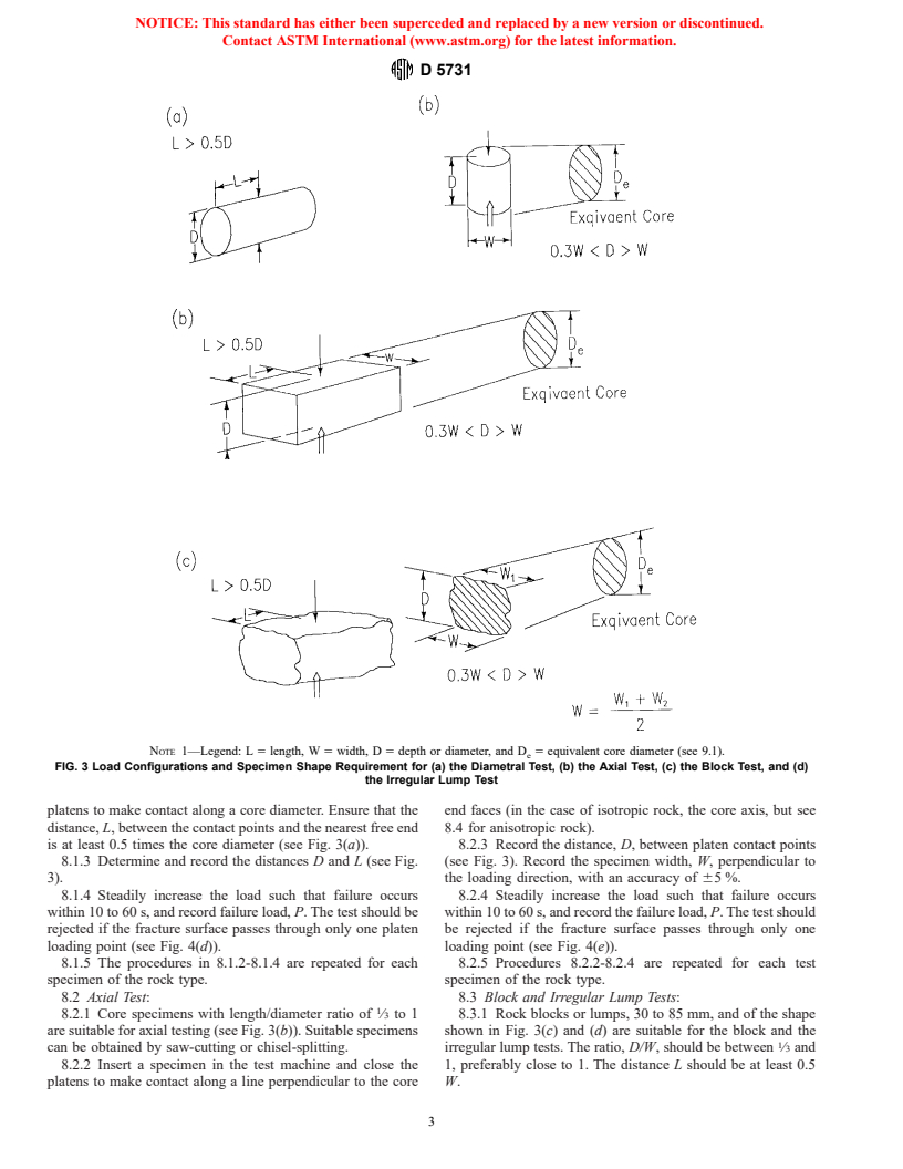 ASTM D5731-95 - Standard Test Method for Determination of the Point Load Strength Index of Rock