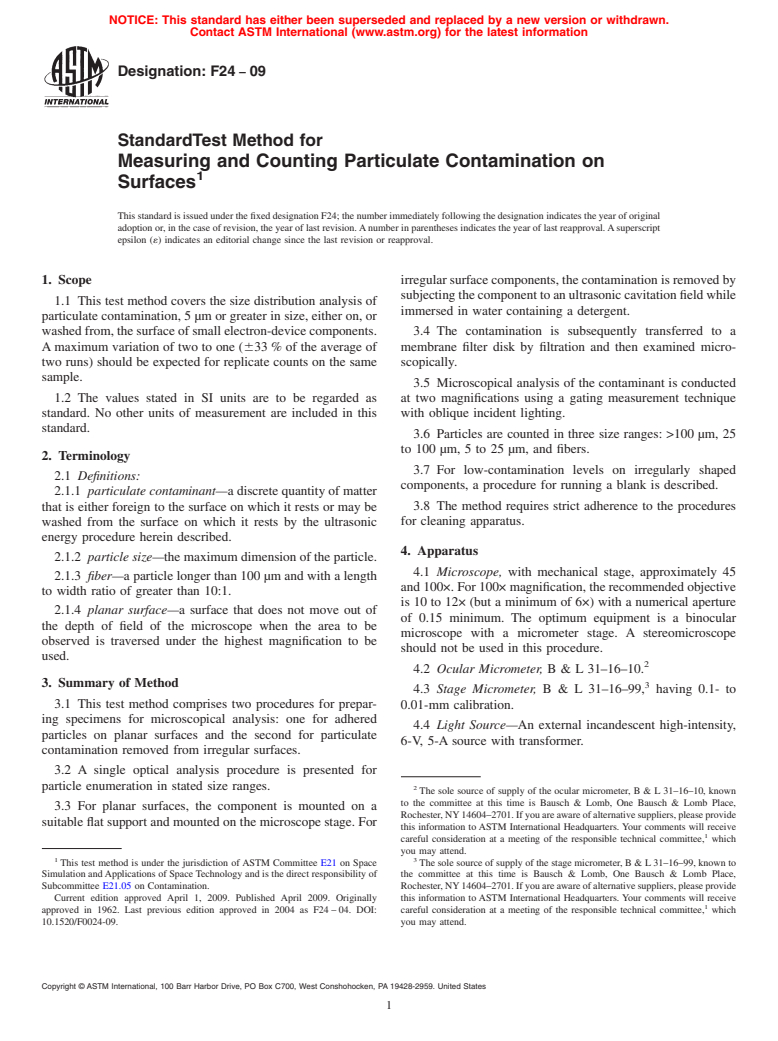 ASTM F24-09 - Standard Method for Measuring and Counting Particulate Contamination on Surfaces