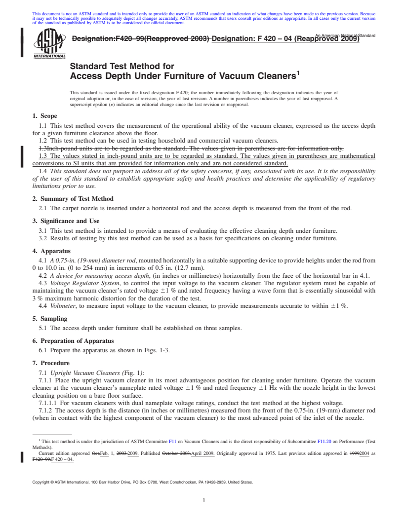 REDLINE ASTM F420-04(2009) - Standard Test Method for Access Depth Under Furniture of Vacuum Cleaners