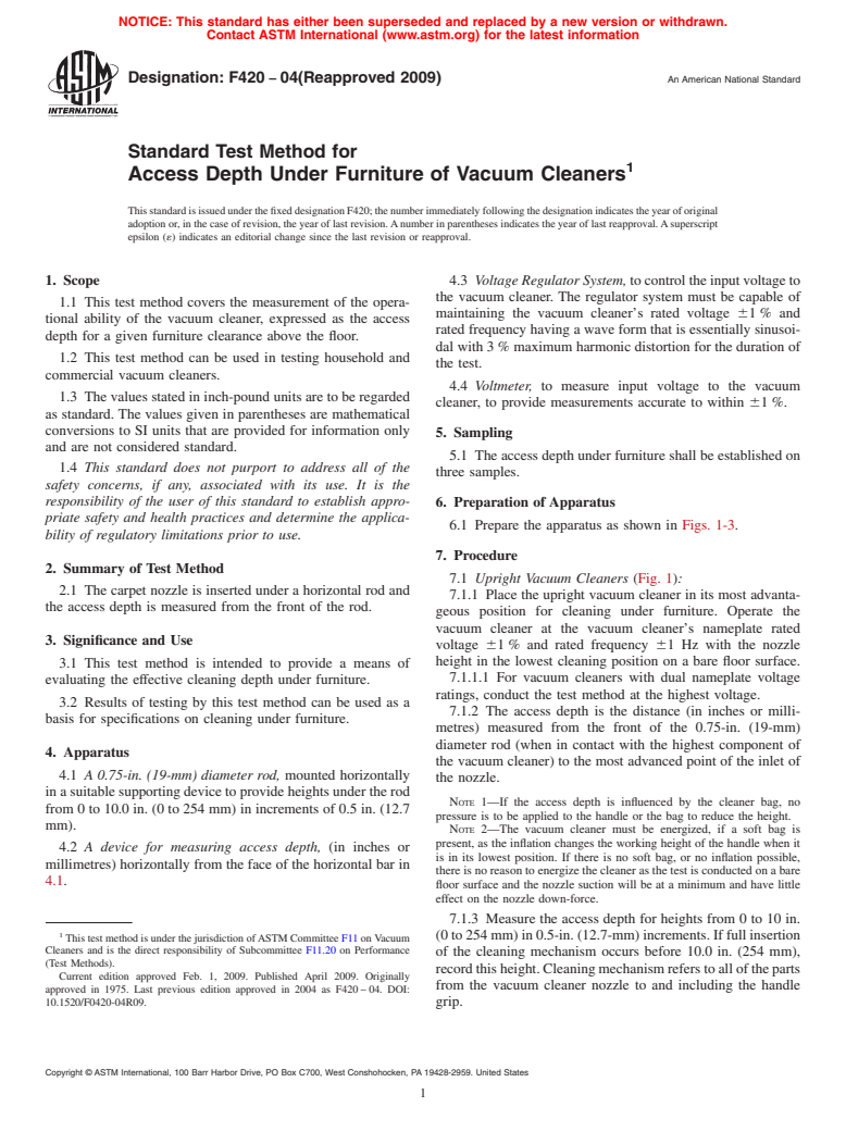 ASTM F420-04(2009) - Standard Test Method for Access Depth Under Furniture of Vacuum Cleaners