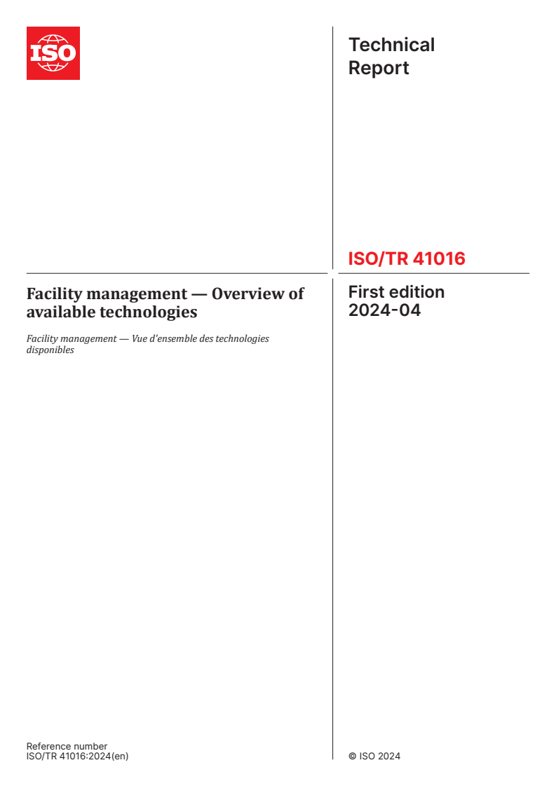 ISO/TR 41016:2024 - Facility management — Overview of available technologies
Released:8. 04. 2024
